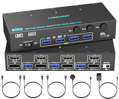 HDMI Displayport KVM-switch 3 PC 2 bildskärmar 4K@144 Hz, dubbel skärm KVM-switchar för 3 datorer delar 2 bildskärmar och 4 USB 3.0-portar, HDMI DP KVM med skrivbordskontroll, 12 V strömförsörjning