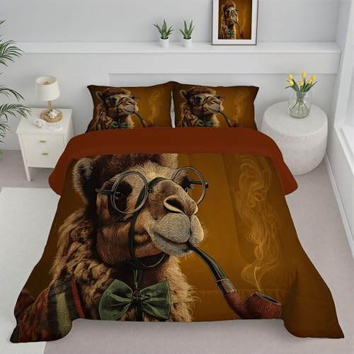 Camel Pipe Coverless Duvet King - Interesting Animals All Season Duvet Cosy & Lightweight Quilt Washable Reversible Comforter with 2 Pillowcases 220x240cm, Dark Brown