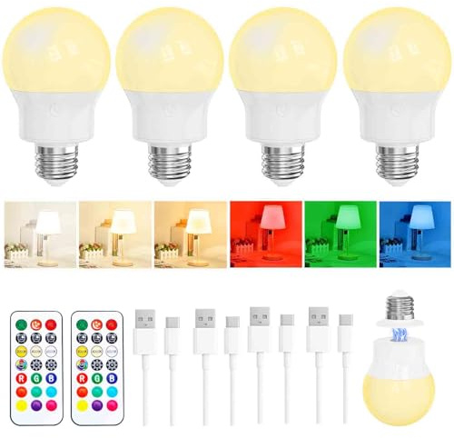 Lampadina LED Ricaricabile con Telecomando, Base Magnetica, 8W E27 4 Pezzi | Batteria 2600mAh, USB-C, Dimmerabile, 3 Temperature di Colore, 9 Colori RGB, 2 Modalità, 3 Timer, Per Lampade Senza Corrente