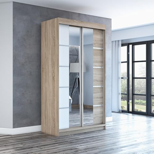 A&J MöbelLand Schwebetürenschrank ERA Kleiderschrank 2-türig mit Spiegel, Garderobe 120 cm (Sonoma/Weiß/Sonoma)