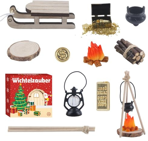 Joxessaien Wichtel Zubehör Weihnachten, Miniatur Camping Schatz Szene Set inkl. Holz-Lagerfeuer, Schatztruhe mit Goldmünzen & Goldbarren, detailreiche Mini Deko für Wichteltür
