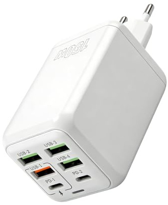 Caricatore USB C 150 W 6 porte USB C presa di ricarica rapida, 2 USB-C PD + 4 USB-A QC 3.0, caricabatterie universale per iPhone 17/16/15/14/13 Pro Max/Android,compatibile con iPad Huawei Mi Galaxy