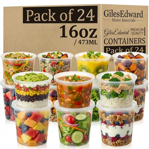 24 Pack 16oz Soup Containers with Lids, Large Plastic Food Storage Tubs for Batch Cooking, Leakproof Reusable Deli Pots, Freezer & Microwave Safe, BPA Free Meal Prep Containers for Curry, Stew & Soup