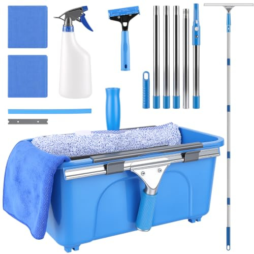 Window Washing Kit, 6.5ft Professional Window Cleaning with Bucket 3Gal/12L Cleaner Equipment Tool Set 14 Window Squeegee and 15 Scrubber for Home Outdoor Windows Car Panel