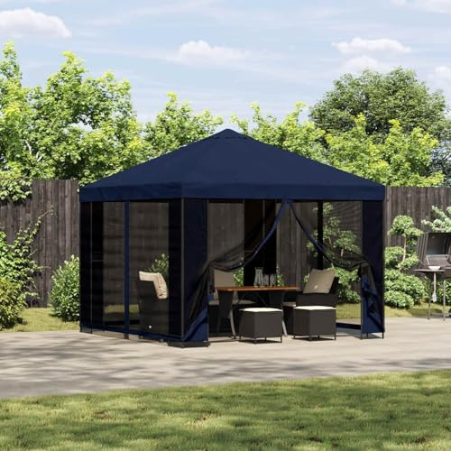 GeenYuu Trädgårdspaviljong 3 x 3 m blå med sidoväggar, väderbeständigt festtält och solskydd, stabil stålram, vikbar för terrass, utomhus, camping, grillning, firande, evenemang