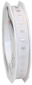 PRÄSENT Herzilein Dekorationsband weiß/créme, 20 m Elegantes Geschenkband zum Verzieren & Basteln, 15 mm Breite, Schleifenband für Hochzeit, Taufe & andere besondere Anlässe
