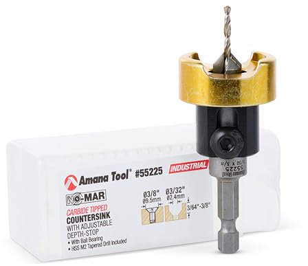 Amana Tool 82 Degree Countersink with Drill Bit Depth Stop and No-Thrust Ball Bearing, 55225, 3/8 D x 3/32 Drill D x 1/4 Inch Quick Release Hex Shank