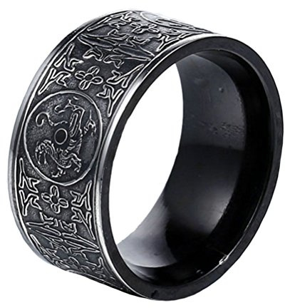 PAMTIER Bague Noire Cru Acier Inoxydable Hommes Chinois Ancien 4 Gardien Bêtes Sceau Band Taille 57