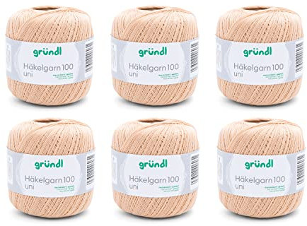 Gründl Wolle Häkelngarn 100 - dünne sommerliche Wolle zum Häkeln - Glänzend und waschbar - Baumwollgarn - 100 % Baumwolle - 6 Knäuel 100 g / 566 m - Nadelstärke 1,5 - 2, sand