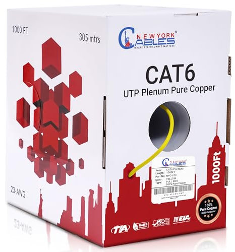 Cat6 Plenum Cable 1000ft - 100% Pure Copper UTP Solid Conductors, 23 AWG 1 GBit/s, Tangle-Free, Easy Pull Box, Quality Tested, Bulk Cat 6 Cable 1000ft, Available in Multi-Colors (Yellow)