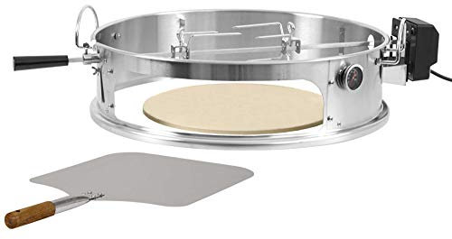 BBQ-Toro Edelstahl Pizzaring Set mit Grillspieß | Pizzaeinsatz und Drehspieß für Ø 57 cm Kugelgrill | Rotisserie mit Motor UND Pizza Element inkl. Schaufel, Pizzastein und Thermometer