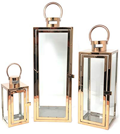 Allgala 3-PC Lantern Set 23 Inch Jumbo Deluxe Modern Indoor/Outdoor Candle Lantern Set Stainless Steel Frame Tempered Glass Rectangular Rose Gold for Garden Poolside Fireplace Wedding