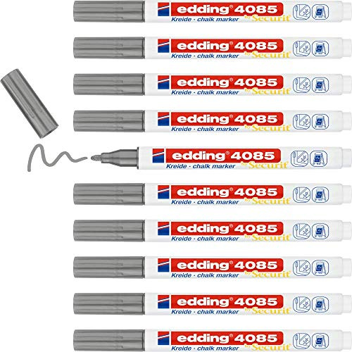 edding 4085 Kreidemarker - silber - 10 Kreidestifte - Rundspitze 1-2 mm - dünner Kreidestift für Tafel abwischbar - zum Beschriften von Fenster, Glas, Spiegel - Tafelstift mit deckenden Farben
