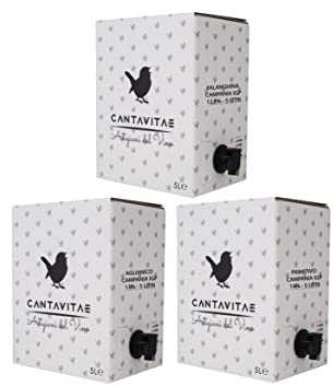 1 FALANGHINA 12,5% + 1 PRIMITIVO 14% + 1 AGLIANICO 13% = 3 CONFEZIONI DA 5 LITRI (BAG IN BOX) DI VINI MISTI IGP CAMPANIA