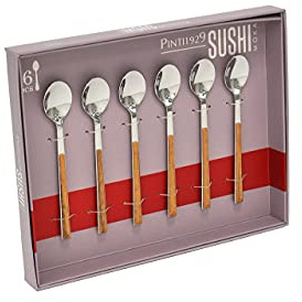 Pintinox Lot de 6 cuillères à moka en acier inoxydable sans nickel avec poignées effet bois Couleur teck Dimensions : 11,5 cm