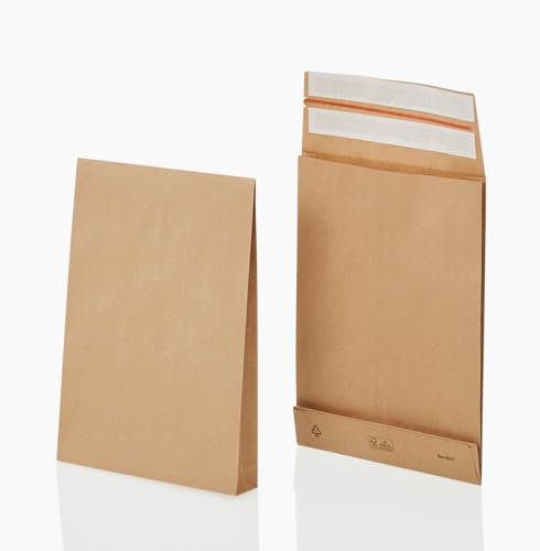 e-Green Faltentasche 450x350x80 mm (200 Stück), haftklebende Faltentaschen mit Klotzboden und Seitenfalte, wiederverwendbare Versandtaschen aus 100% FSC zertifiziertem Kraftpapier, 120g/m²