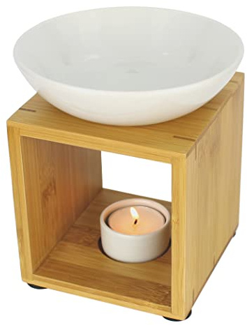 Bitto Doftlampa Malmö vitt med ljus, stor skål, rättvis trade, aromlampa av bambuträ och keramik