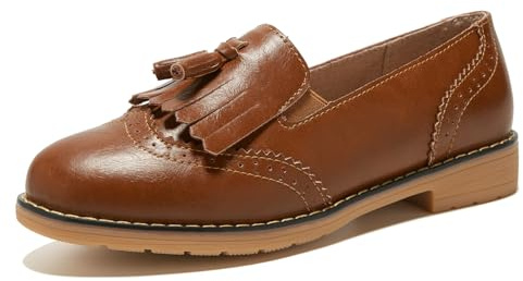 TRULAND Damlädertofflor – eleganta loafers med tofs affärsskor damer, BRUN, 39.5 EU