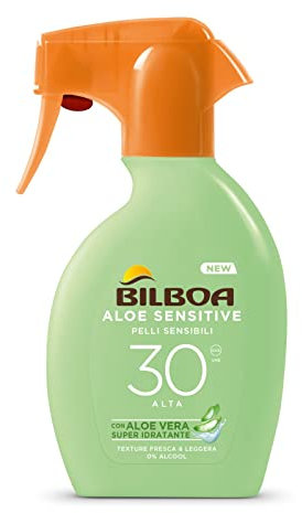 Bilboa, Sonnenschutz Körper Aloe Sensitive Trigger SPF 30, hohes Sonnenspray für empfindliche Haut, Formel mit Aloe Vera, alkoholfrei, wasserfest, 250 ml