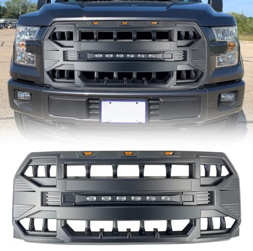 MEGAIE Front Grill Replacement for F150 2015 2016 2017, Matte Black Front Bumper Grille w/Off-Road Lights