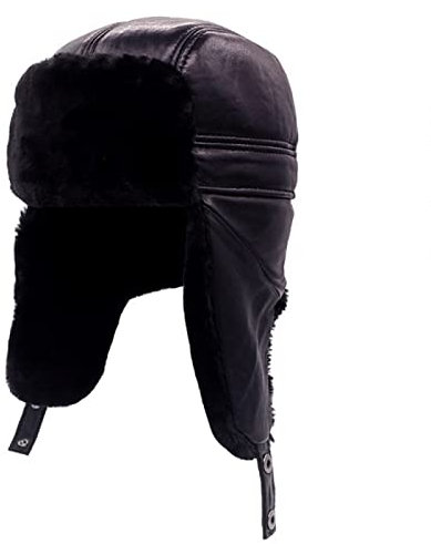 DEPAJA Russische Mütze Russland Erwachsene Caps Herren Leder Bomberhüte Herren Casual Winter Warm Aviator Trapper Lederkappe,Schwarz,60Cm