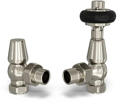 UK Radiators Silver Nickel Thermostatic Radiator Valve and Angled Lockshield Valve - Brushed Silver Nickel Finish - Traditional Design 1/2 x 15mm Wooden Head Radiator Valve
