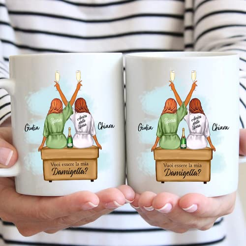 Vulfire Damigella Testimone regalo Tazza Personalizzabile - Nome, Capelli, Abito e tanto altro da Personalizzare - Idee Regalo donna per lei matrimonio (Bianco, Ceramica)