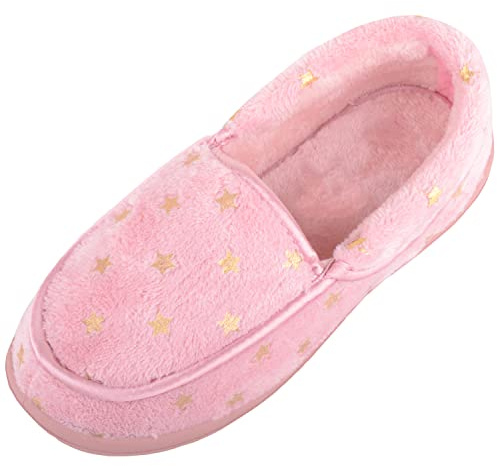ABSOLUTE FOOTWEAR Lätt att dra på sig mjuk bred passform mockasin stil stjärna design inomhus gästtofflor, Rosa, 36 EU