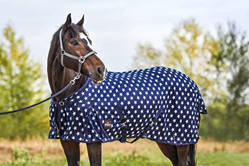 Start Fliegendecke für Pferde mit Halsteil & Bauchlatz – Atmungsaktive Ekzemerdecke | Insektenschutz Sommerdecke für Kaltblut & Warmblut (Dunkelblau/Weiß, 125 cm)