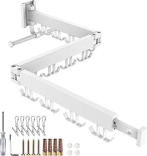 Honeyhouse Étendoir Mural, 3 Étages Cintre Mural Support de Séchage 120cm avec Pinces à Chaussettes & Bandes cintres, Porte-vêtements Pliable Mural pour Balcon, Linge, Armoire, Cuisine DJ01167 Blanc