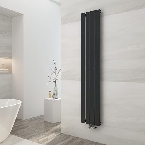 EMKE Design Heizkörper Schmal Hoch, 1600x304 mm Vertikal Flachheizkörper mit Mittelanschluss, Einlagig Schwarz Paneelheizkörper Wandheizkörper für Bad, Schlafzimmer & Wohnzimmer, 501W