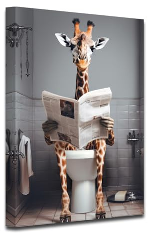 CXHOSTENT Lustige Giraffen Badezimmer Leinwandbilder Giraffe liest Zeitungen auf der Toilette Kunstdrucke Tierposter Kinder Badezimmer Dekoration (A, 30.00 x 45.00 cms)