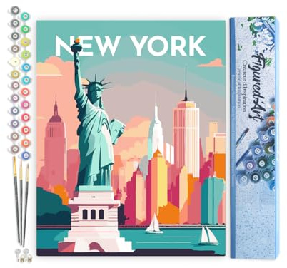Figured'Art Dipingere con i Numeri - Paint by Numbers Poster di viaggio a New York, Passatempo per Adulti, Kit Completo, Hobby Creativi - Quadri fai da te 40x50cm senza cornice