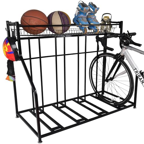 LuckySlycyc 4 Bike Rack Garage,4 Bike Stand for Garage,4 Bike Storage Rack,With storage basket adjustable hooks black metal bike stand floor for most 3- 4 tyres bikes (4 Grids)