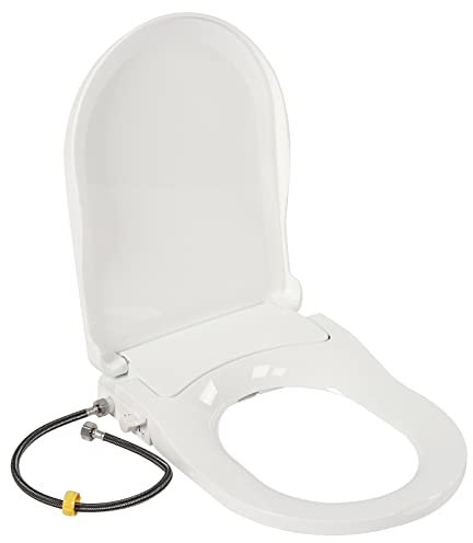 D-Shape Bidet Toilet Seat with Non Electric Self Cleaning Dual Nozzles Separated Rear & Feminine Natural Water Spray System PP Fits Elongated Toilets, White