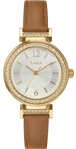 Timex Women's Dress 31mm Watch - Brown Strap Silver-Tone Dial Gold-Tone Case