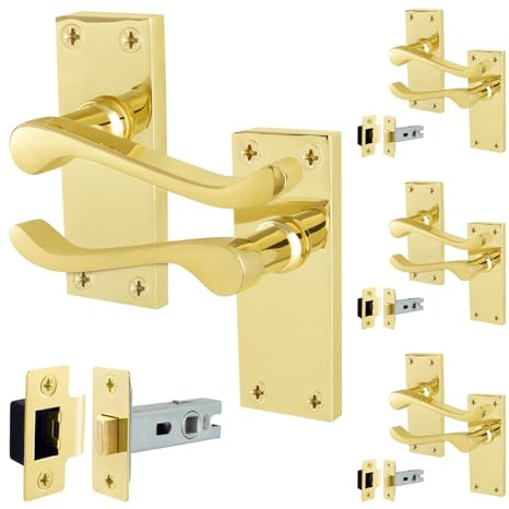 EAI Polished Brass Door Handles with Latch 64mm, 4 Pack - Victorian Scroll