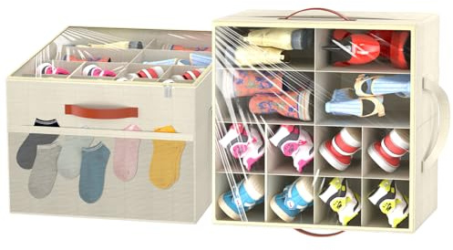 Aokeyee 2 Pack Shoe Organizer for Closet, Foldable Shoe Storage Organizer Box w/Clear Cover and Reinforced Handles, Space Saving Shoes Bin Fits up to 32 Pairs, Beige