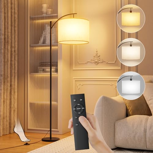 Yeeklab Lampada da Terra, Lampada da Terra Salotto con Telecomando, Interruttore Pedale, Paralume Lino, Dimmerazione Continua, Inclusa Lampadina LED E27 da 6W, Adatta per Camera da Letto, Ufficio