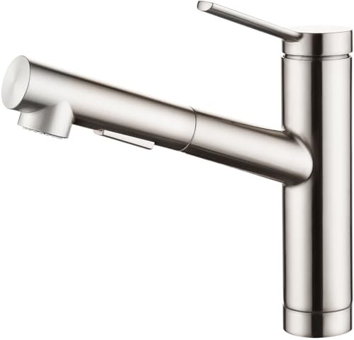 CREA Wasserhahn Küche, Küchenarmatur mit Ausziehbarer Brause, Spültischarmatur Küche mit 2 Strahlarten, 120° Drehbar Mischbatterie Küche, Armatur Küche aus Edelstahl,Gebürsteter Oberfläche