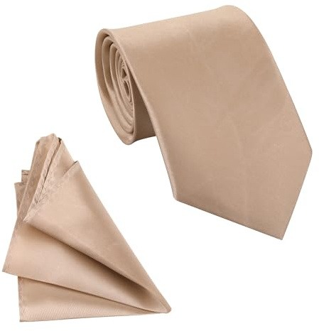 WedDecor Ensemble cravate et mouchoir de poche en satin solide pour homme – Cravate classique et mouchoir pour une tenue décontractée et formelle, réunions d'affaires, mariages, bals et fêtes, beige,