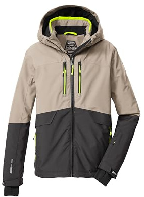 killtec Skidjacka för pojkar/funktionell jacka med huva och snöfall KSW 201 BYS SKI JCKT, ljussand/mörksten/neongul, 128, 43468-000