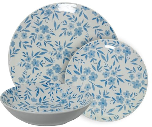 Service de table de 18 pièces en porcelaine blanche et fleurs bleues 26 x 6 x 26 cm