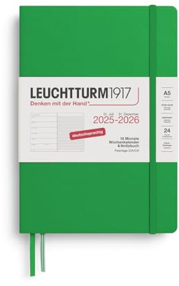LEUCHTTURM1917 372618 Veckokalender och anteckningsbok medium (A5) 2026, 18 månader 07.2025-12.2026, inbunden fjäderblad, tyska