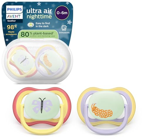Philips Avent Ultra Air Nighttime Ciuccio - Design ortodontico, per neonati 0-6 mesi, fluorescente, tettarella simmetrica in morbido silicone, senza BPA, confezione da 2, SCF376/25