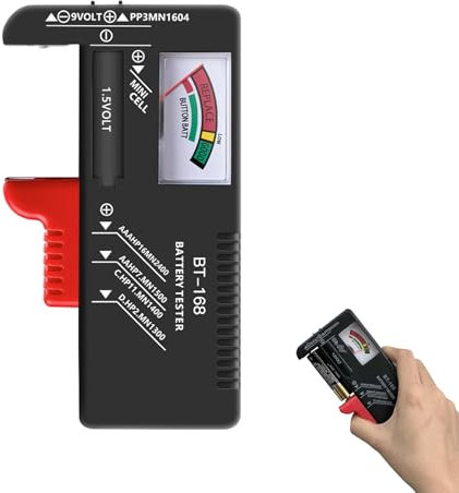 Universal Battery Level Tester, No Batteries Required, Tests AAA, AA, C, D, 9V and 1.5V Button Cell Batteries