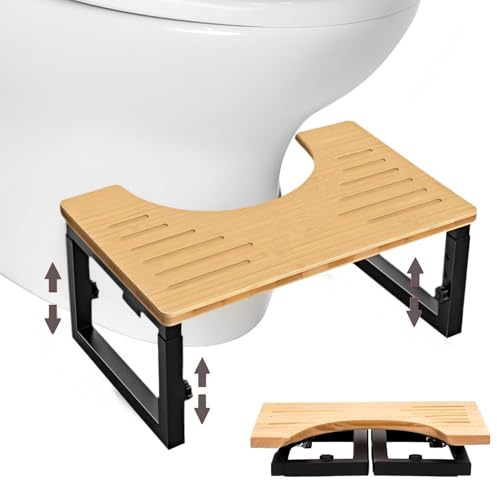 Duscdesp Toilettenhocker, Toiletten hocker Erwachsene, Höhenverstellbarer Klohocker,Hergestellt aus Metall und Holz, Klo hocker Klappbar, Rutschfester Toilettenstuhl, Kackhocker für Kinder (Holzfarbe)