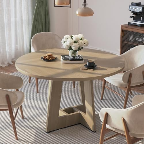 APICIZON Matbord runt för 4–6 personer, köksbord i ek, 120 cm matbord, trä, ingen vinglande, hållbart, för kök och vardagsrum, lätt att montera (endast bord)