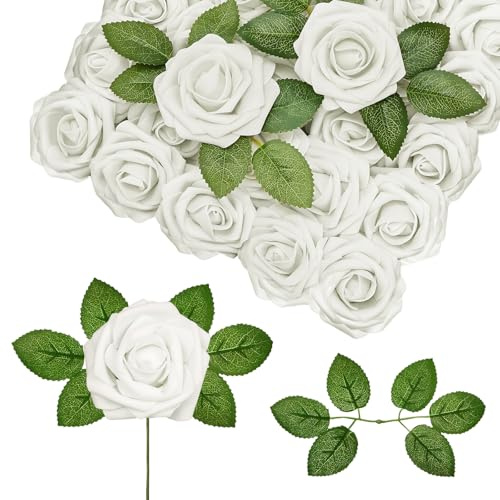 luluaday Künstliche Rosen, 25 Stück Schaumrosen,Gefälschte Kunstrose Rose Künstliche, Milchig Weiß Fake Rosen für Valentinstag Geburtstag, Hausgarten Geburtstag DIY Hochzeit Dekoration
