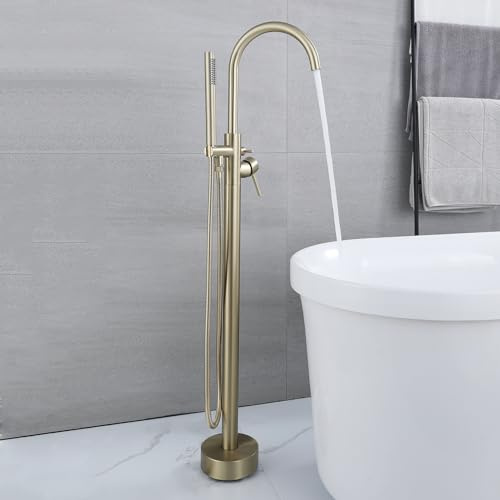 Gebürstete Gold Freistehende Dusche Badewanne Mischbatterie Schwanenhals Design Einhandgriff Warm- & Kaltwasser Elegant Drehgelenk für moderne Badezimmer